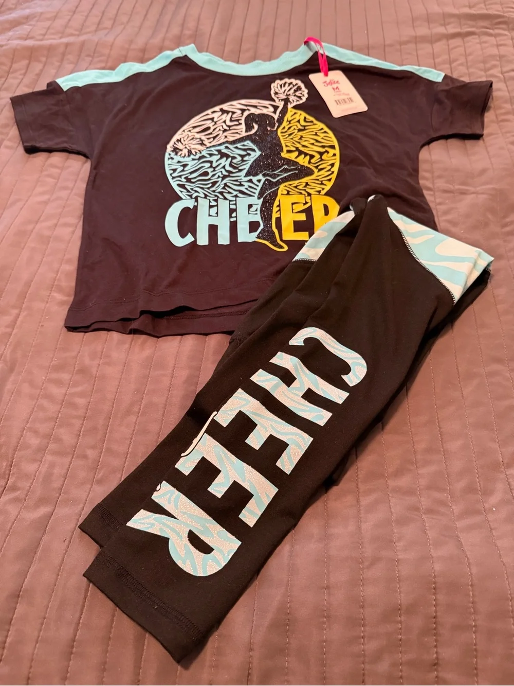 Justice Black Cheer Set with Aqua and Yellow Graphic